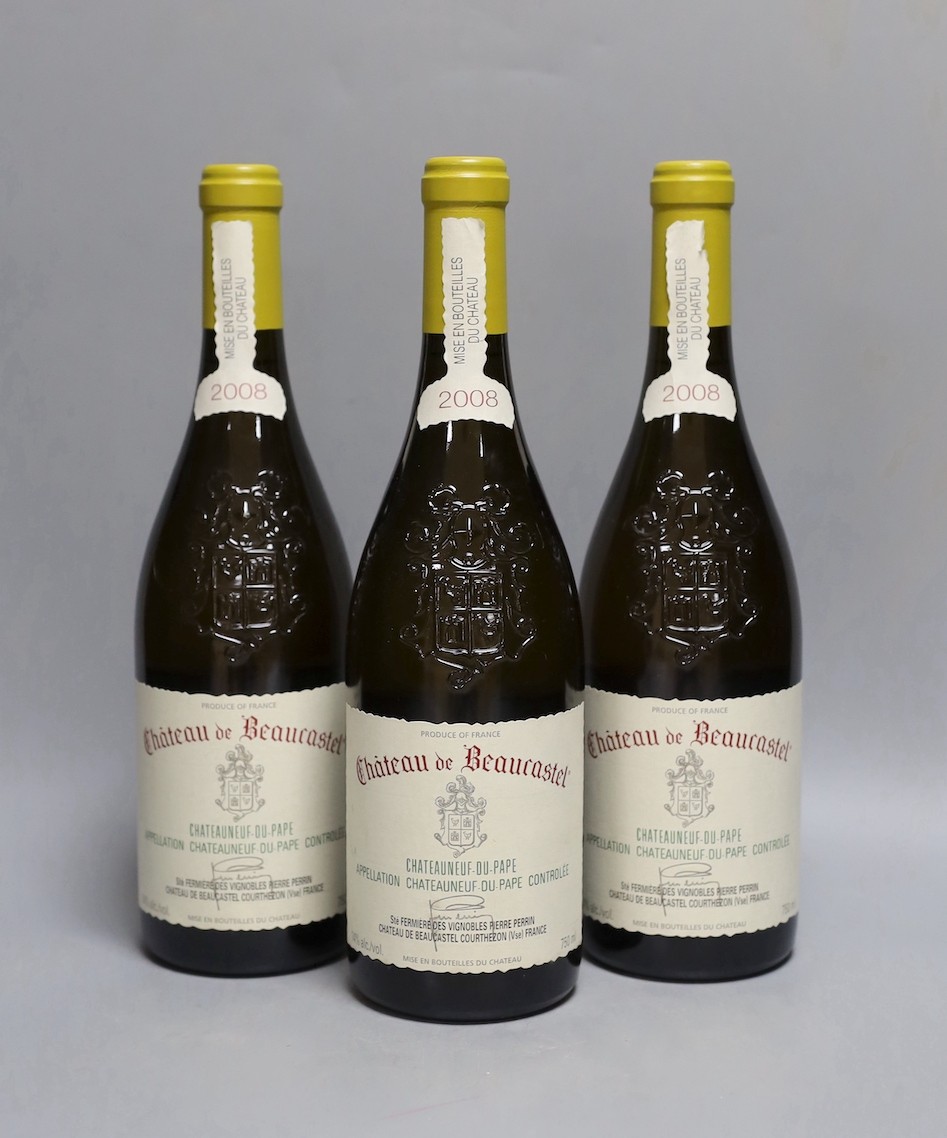 Three bottles Chateau de Beaucastel Chateauneuf-du-Pape Blanc (92pts Wine Spectator),2008, 75cl